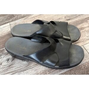 Clarks Women's Black Leather Slide Sandals Comfort Wedge‎ Slip-On Shoes 10M